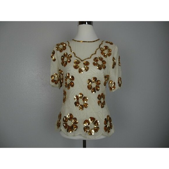 Vintage Stenay Blouse Womans  M 100% Silk Gold Sequin Beaded Top Cream Short Slv - Picture 1 of 12